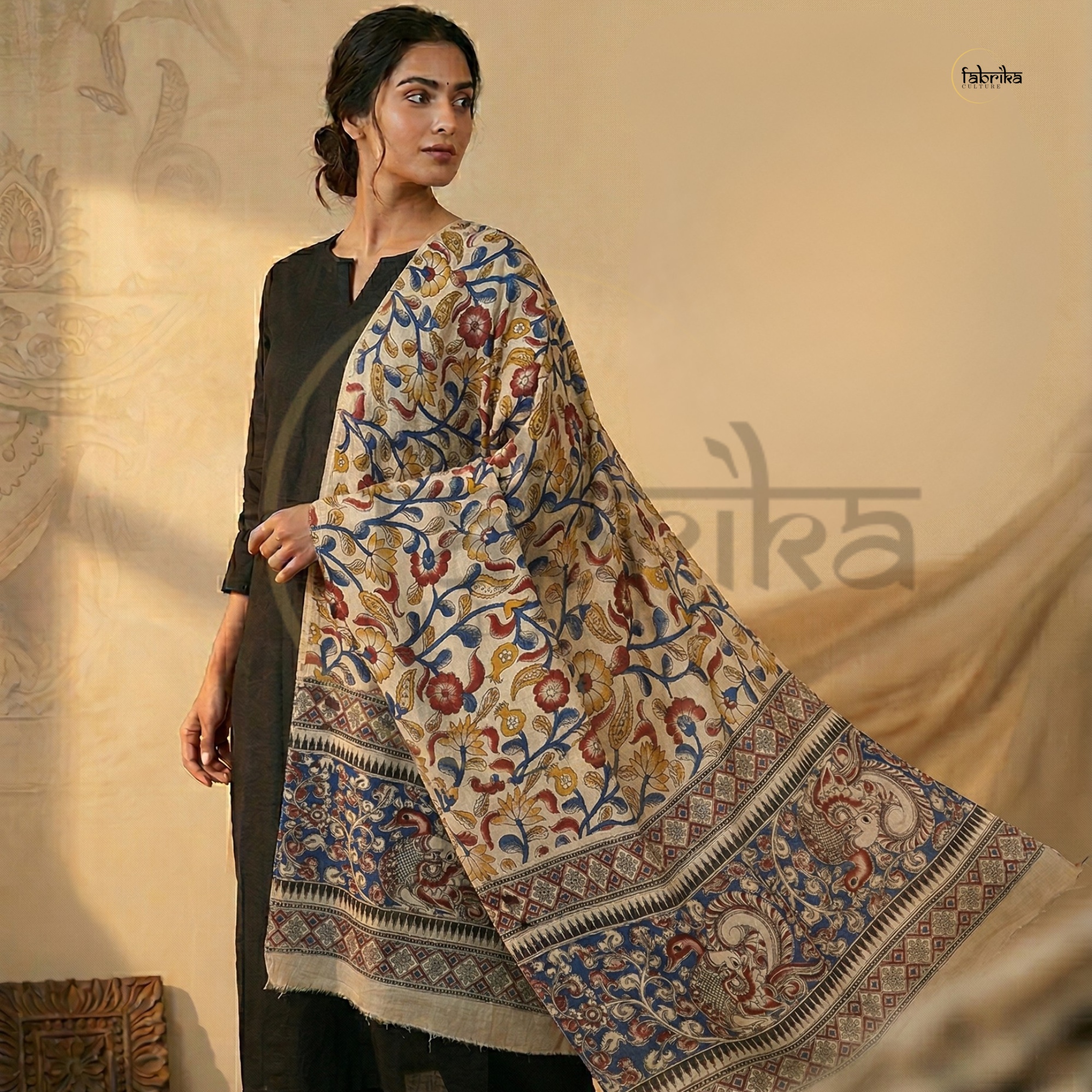 Handblock Painted Kalamkari Dupatta – Nelluri Silk