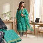 MAHESHWARI SILK–COTTON UNSTITCHED DRESS MATERIAL WITH ZARI BORDER Natural Dye | 3-Piece Suit Set