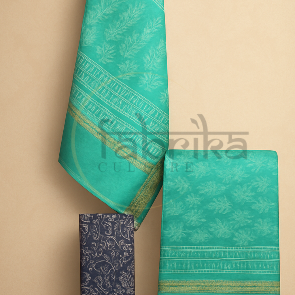 MAHESHWARI SILK–COTTON UNSTITCHED DRESS MATERIAL WITH ZARI BORDER Natural Dye | 3-Piece Suit Set