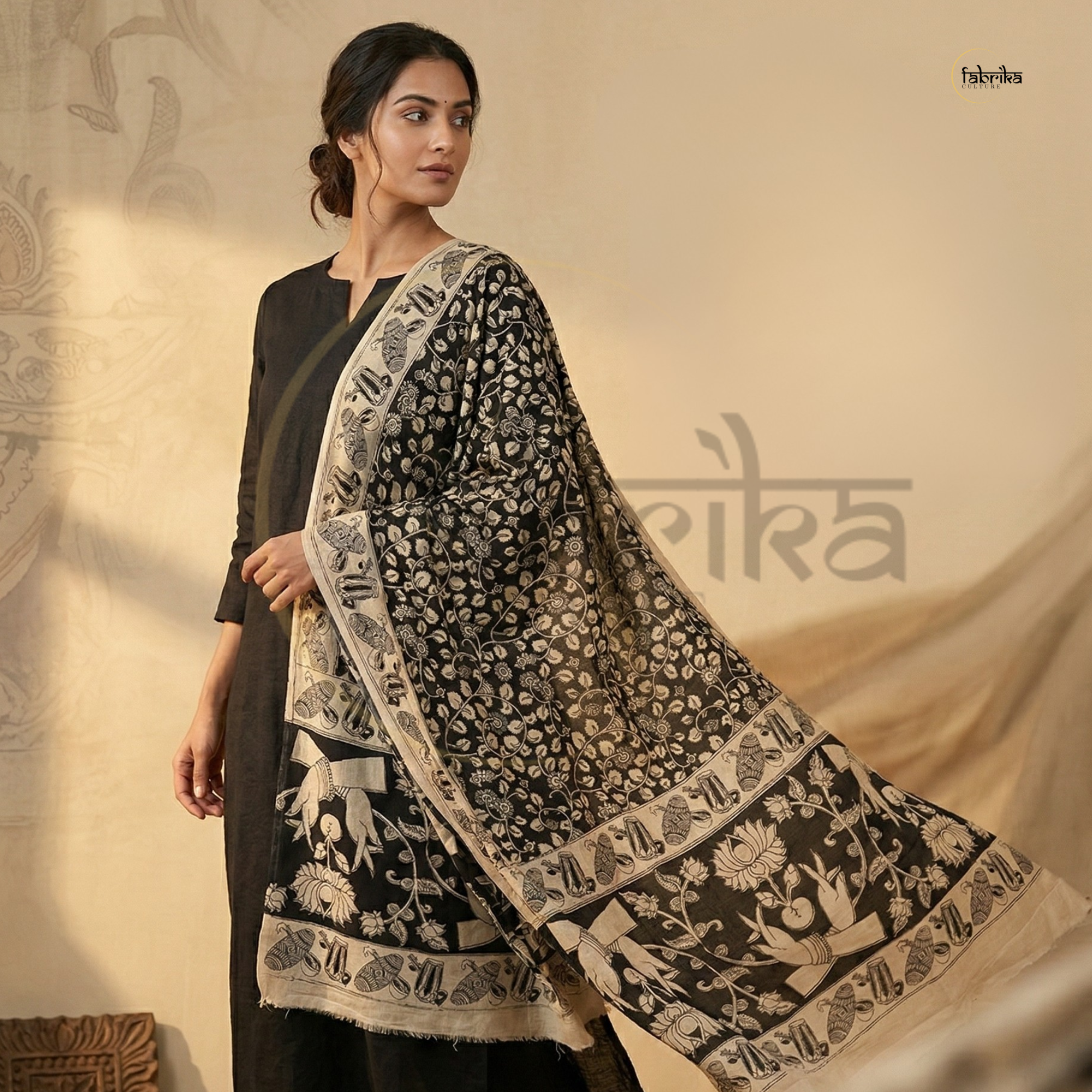 Handblock Painted Kalamkari Dupatta – Nelluri Silk
