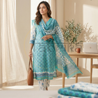 CHANDERI SILK UNSTITCHED BAGRU PRINT DRESS MATERIAL 3-Piece Suit Set