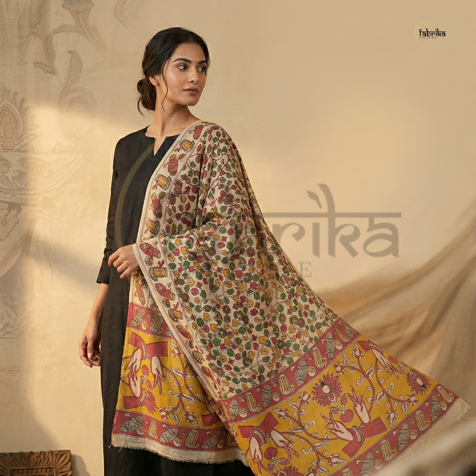 Handblock Painted Kalamkari Dupatta – Nelluri Silk
