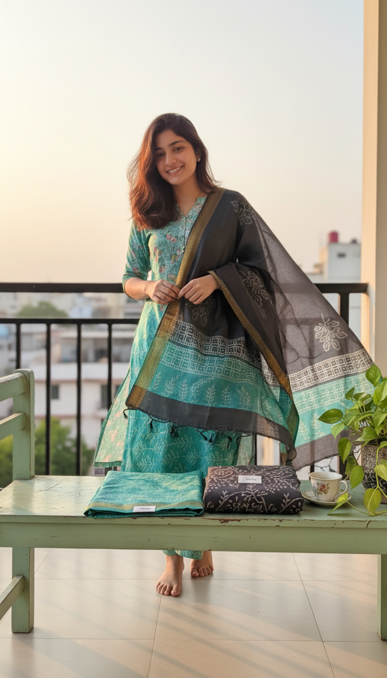 MAHESHWARI SILK–COTTON UNSTITCHED DRESS MATERIAL WITH ZARI BORDER Natural Dye | 3-Piece Suit Set