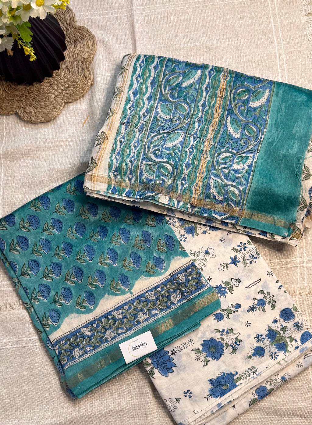 CHANDERI SILK UNSTITCHED BAGRU PRINT DRESS MATERIAL 3-Piece Suit Set