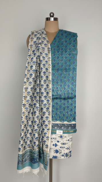 CHANDERI SILK UNSTITCHED BAGRU PRINT DRESS MATERIAL 3-Piece Suit Set